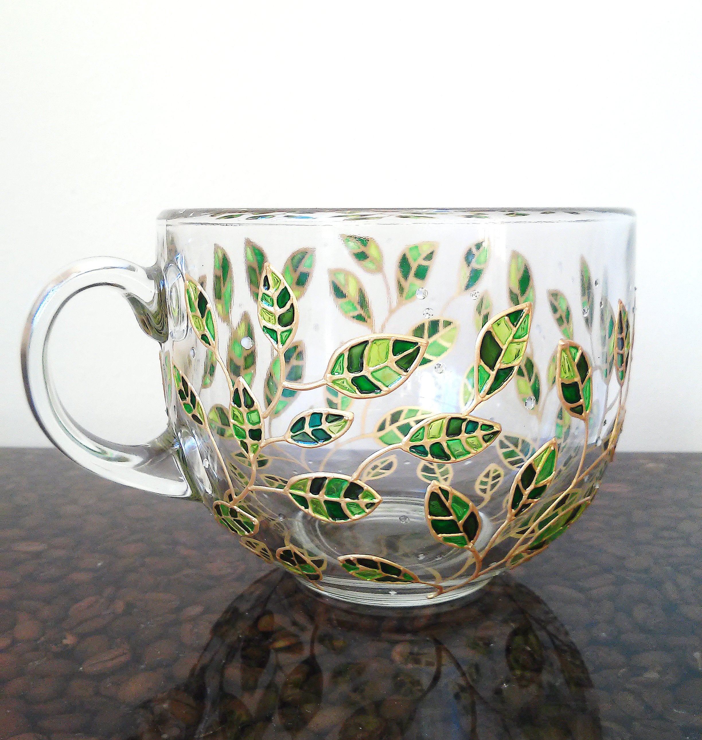 Tropical Glass Mugs Set of 2 Cups, Hand-painted Green Leaves Mugs,  Gardening Tea Cup Set, Nature Lover Mugs 