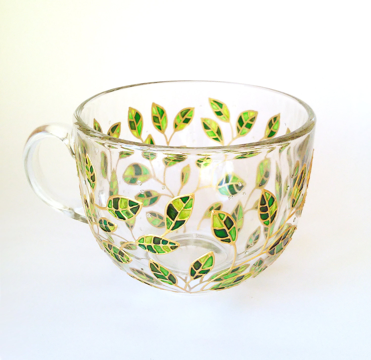 Tropical Glass Mugs Set of 2 Cups, Hand-painted Green Leaves Mugs,  Gardening Tea Cup Set, Nature Lover Mugs 