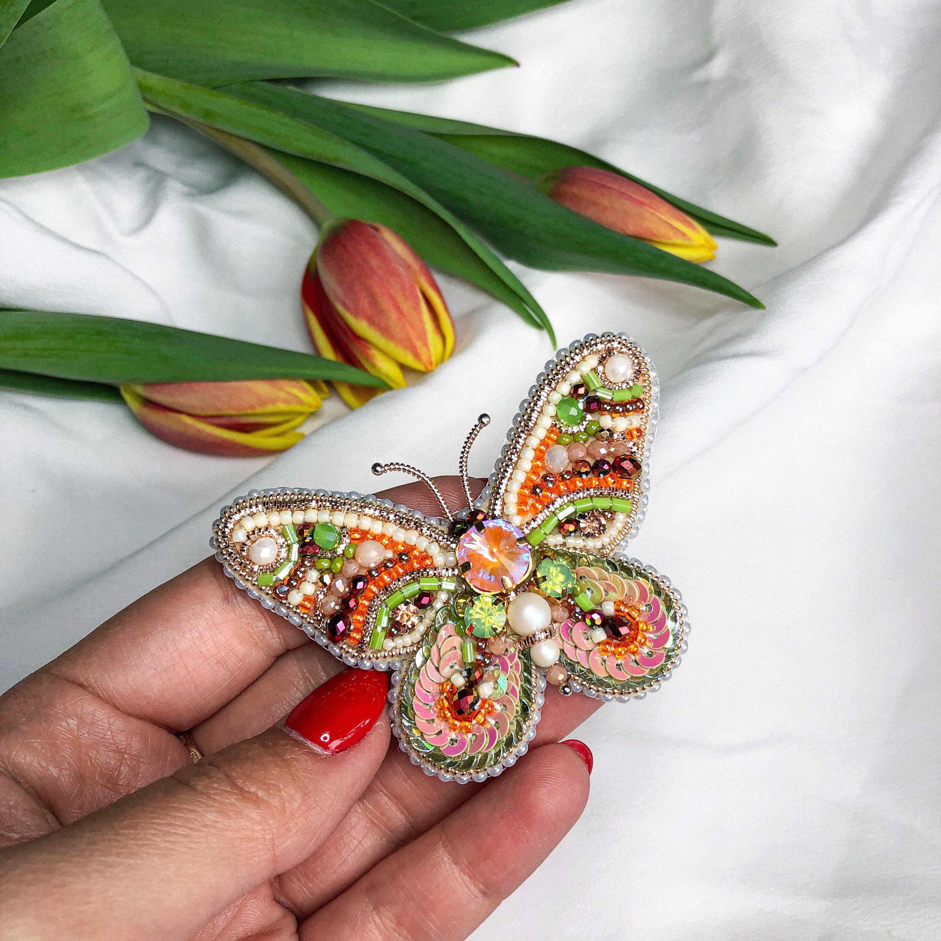 Embroidered Butterfly Brooch With Beads, Green Butterfly Pin Gift for Her  Handmade Seed Beads Jewelry 