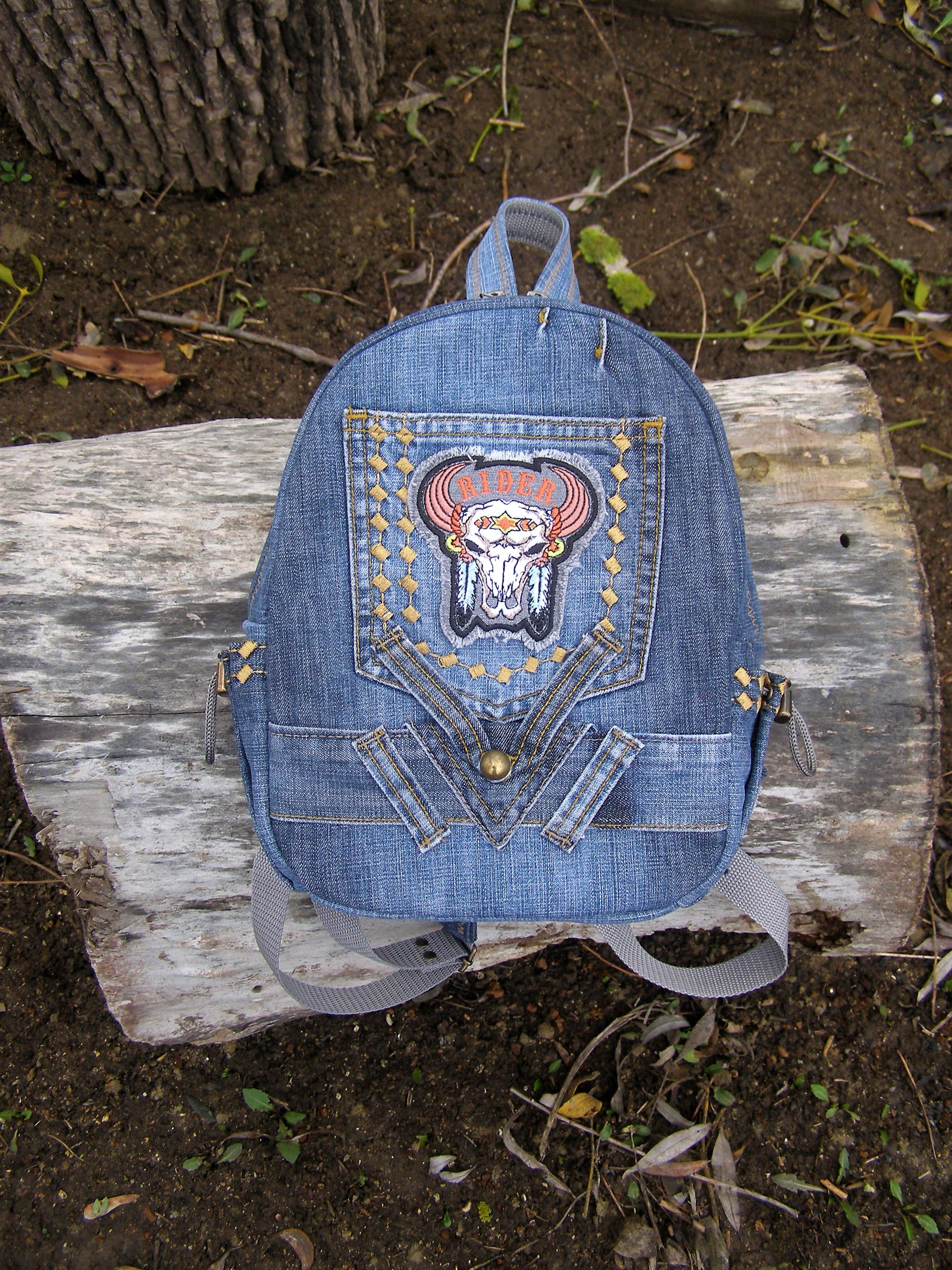 Mini backpack with patch, Recycled jeans backpack with patch, Designer denim  rucksack, Small upcycled college bag. 57986 in online supermarket