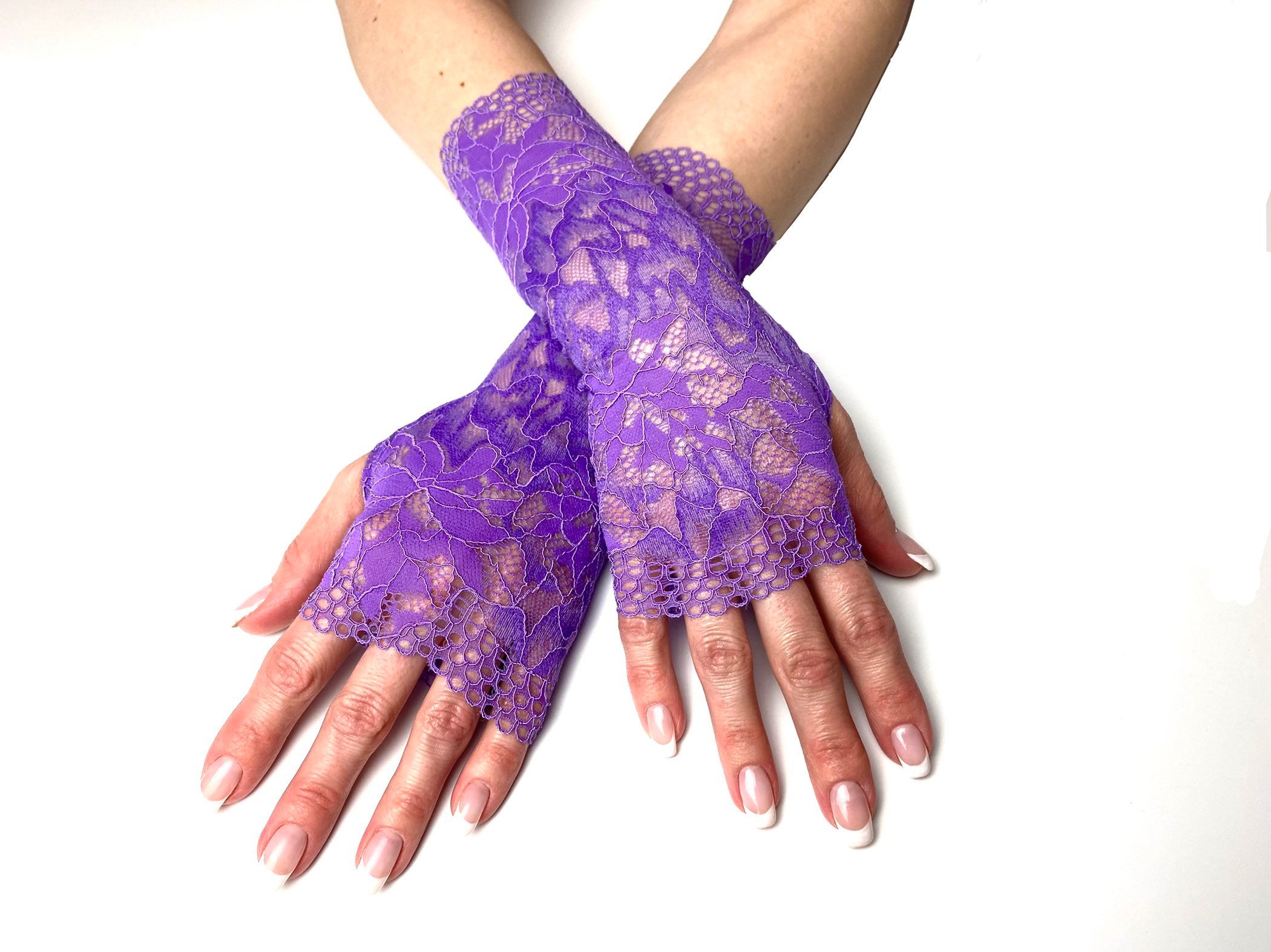 Pair of Fingerless Lace Gloves Purple w/ White Accent Pick your size 