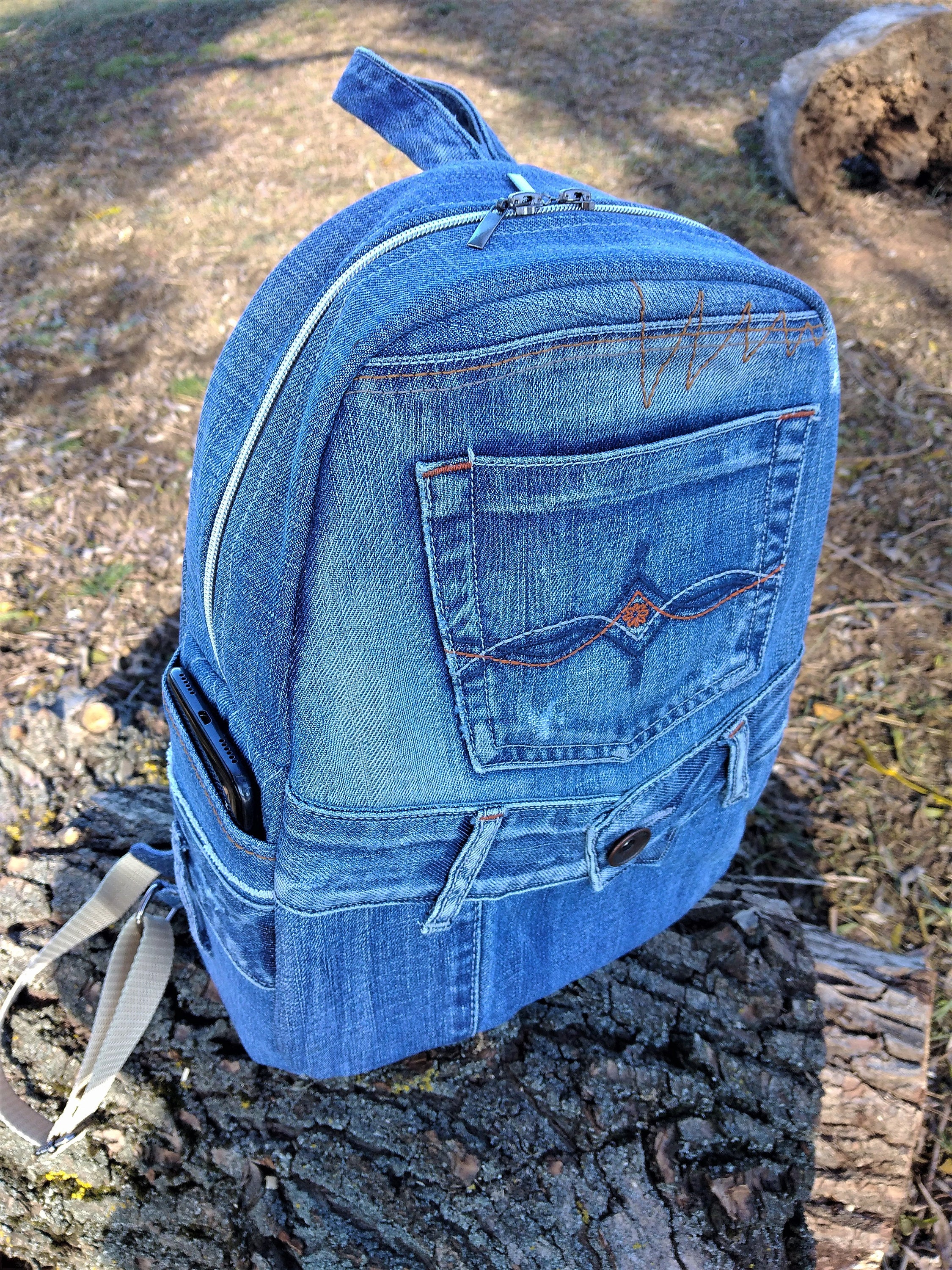 Mini backpack with patch, Recycled jeans backpack with patch, Designer denim  rucksack, Small upcycled college bag. 57986 in online supermarket