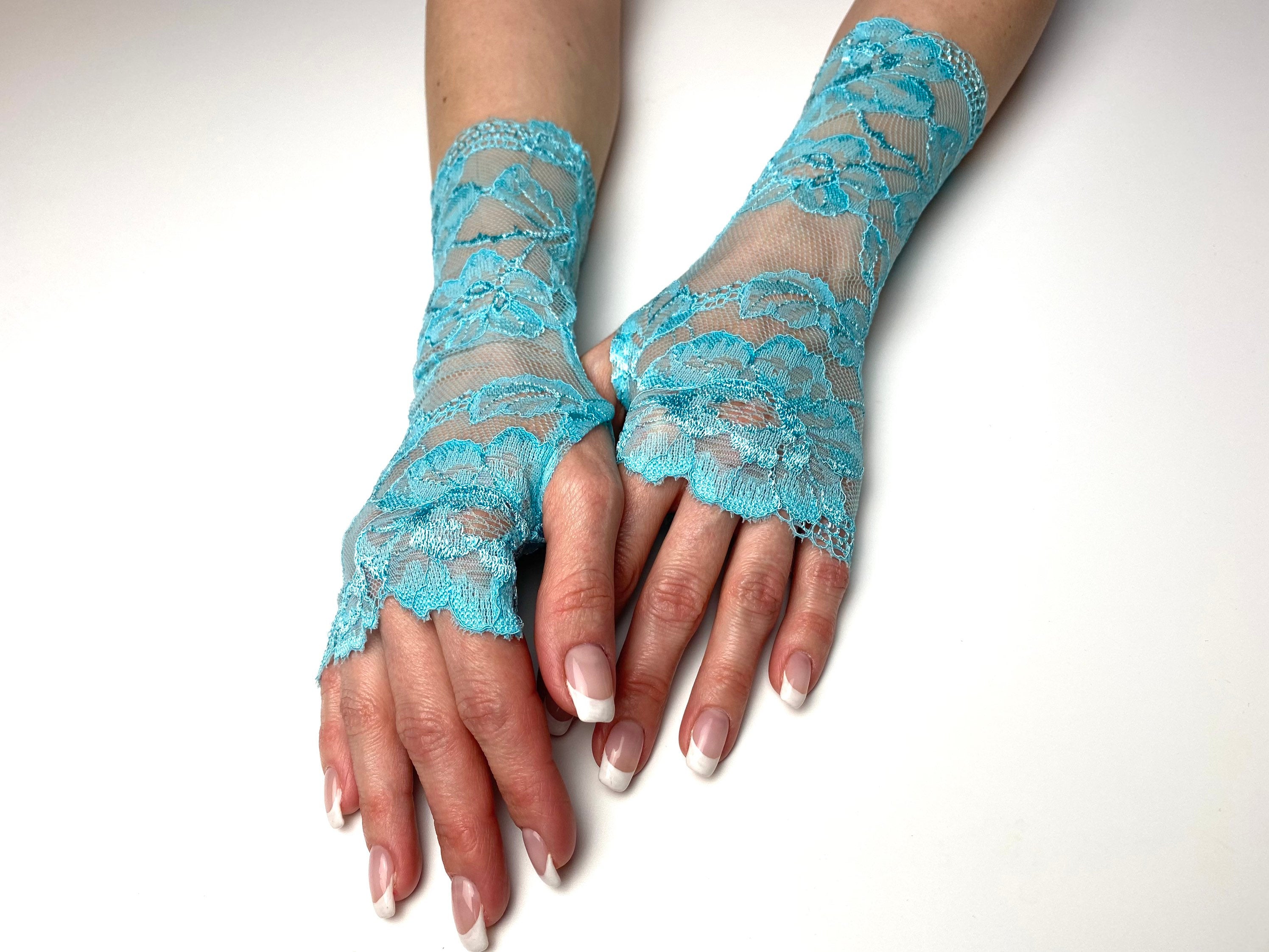 Lace Gloves by Dents Frilly Cuff Dark Blue Ladies Lacy Gloves 