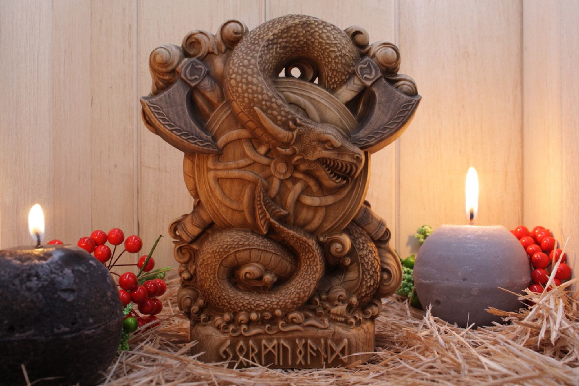 Dragon Jörmungandr, Norse pagan gods, Wooden wood carving – Art