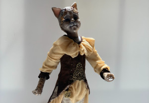 Steampunk Anthropomorphic Ballerina Black Cat, Interior static art doll collectible, OOAK souvenir artisan figure