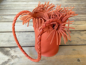 Leather fringe fashion bag with a round bottom, woman orange leather tote bag, sac cuir femme rond, leather fringe, woman leather hand bag