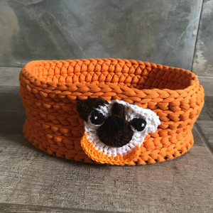Dog mom art, dog face decorated burnt orange oval crochet basket, with plywood bottom, jewelry organizer