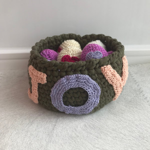 Custom easter basket, knit basket with crochet easter  eggs