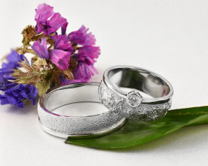 14K White Gold Wedding Band Men, nature leaf and vine wedding band set his and hers, art deco wedding band white gold