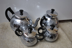 Continental silver metal 4 piece tea set (teapot, 2 creamer and sugar bowl), ca 1970's Made in the USSR Metalware Ukraine