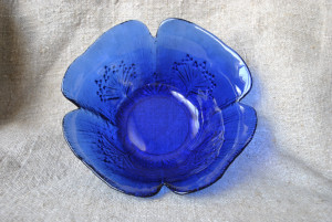 Blue glass bowl, vase for fruit or sweets, bowl in the form of a flower, 4 sheet blue vase with pattern-1970