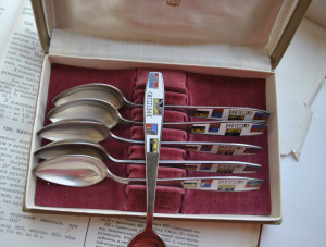 1970 - set of 6 teaspoons of cupronickel and enamel, Soviet designer teaspoons "Leningrad" from German steel/cupronickel