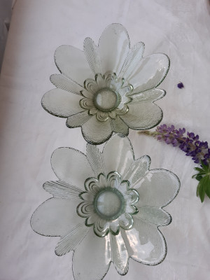 Two bowls looking like a flower with petals. In a Light olive color.  Made of Soviet Blenko glass-1970