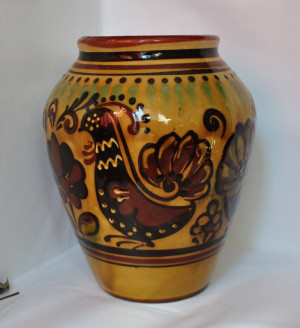 Ceramic rustic, ukranian patterned  big vase for flowers, Ukrainian rooster, Zozula 1980.