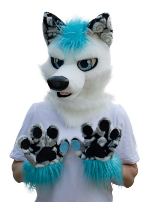  Oneandonlycostumes pink wolf fursuit head and hand