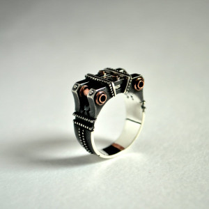 Unique steampunk sterling silver ring "Peragemus" | OOAK bold silver statement mens ring | Modern contemporary tech silver men ring