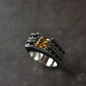 Modern statement silver ring "Patromentum", Mens ring Citrine, Silver steampunk gothic ring, Ring for him