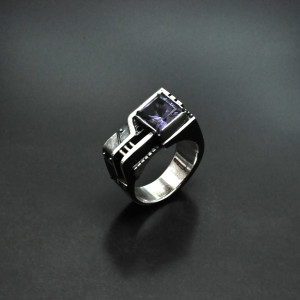 Men's statement silver ring "Agererendum", Modern Amethyst ring for him, Custom birthstone ring for men, Cyberpunk mens ring