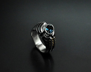Contemporary statement sterling silver ring "Unquaestus", Men's modern Topaz ring, Unique silver ring for him