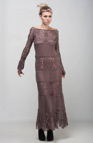 Formal Crochet dress mocha lace dress maxi long sleeve dress Crochet lacy dress taupe off shoulder dress Crochet dress evening floor gown