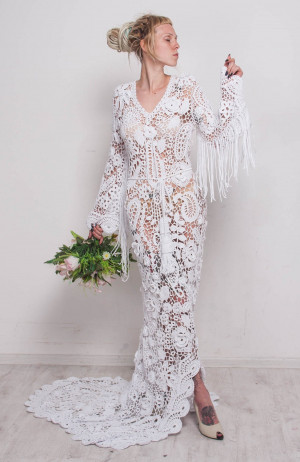 Handmade wedding maxi dress Crochet White Dress wedding dress fringe white dress irish lace dress plume cotton Dress crochet wedding gown