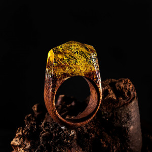 Yellow Wood Resin Ring for Women. Wood Gift for Wife. Landscape ring.