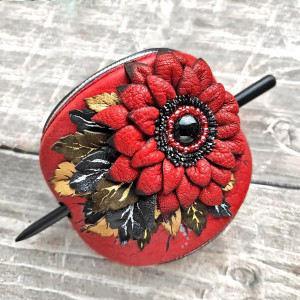 Hair clip made of genuine leather on a wooden stick, red color, handmade