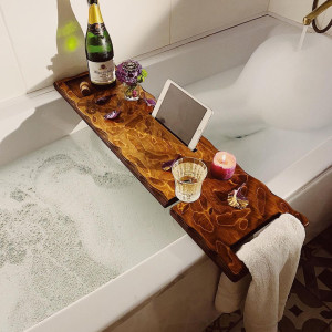 Wooden Bath Caddy, Tray With Wine Holder Live Edge Solid Character Rustic Pippy wood Bespoke Rustic Bath Caddy Bath Board Bath Tray Bathtub