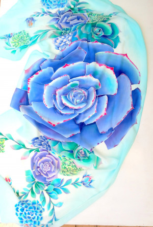 Blue rose Echeveria Pure silk scarf Festival scarf Something blue for bride Flowers silk scarf Hand painted silk scarf succulent watercolor
