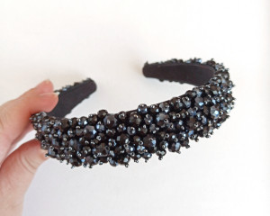 Black jeweled wide headband for womens Black crystal tiara Wedding hair piece Hair band Bridal shower crown