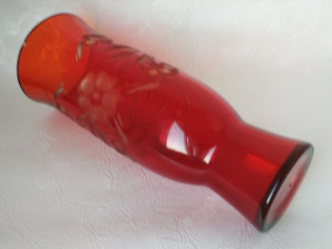 Red vintage soviet glass vase, vase with floral ornament