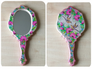 Handheld Mirror Hummingbird Wooden hand painted accessory with pink flowers, Floral Birthday gift for women gift for mom
