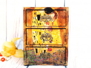 Gustav Klimt Inspired The Kiss Mini wooden chest drawers, Tree of life jewelry organizer