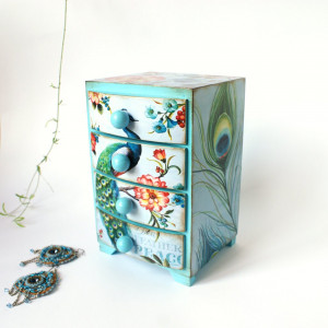 Peacock feather and flowers  aqua blue Mini wooden chest drawers