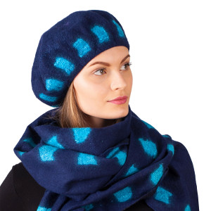 Women set of accessories, woolen scarf and beret, felted women set of asseccories, dark blue wool beret, navy long scarf, warm women scarf