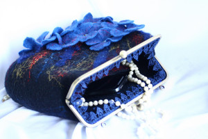 Felt wallet Blue felted handbag Purse with flowers