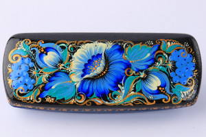 Floral-painted metal glasses case| Hard case for eyeglasses|Fantastic blue flowers on glasses case