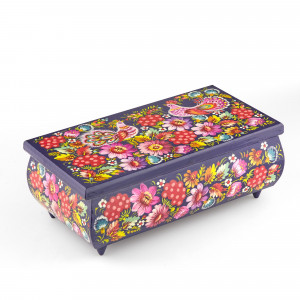 Exclusive rectangular wooden box painted with fabulous flowers and birds in the style of Petrykivka painting
