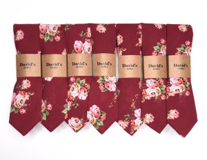 Set of Burgundy floral Ties Maroon Wedding Tie For Davids Bridal Dress, skinny floral ties Wedding Ties