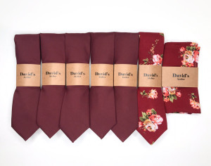 Custom Set of Burgundy solid Ties + 1 burgundy floral tie + 1 pocket square Wedding set men Personalized maroon necktie Groomsmen tie