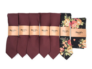 Custom Set of Burgundy solid Ties + 1 black floral tie + 1 black pocket square Wedding set men Personalized Wine necktie Groomsmen tie