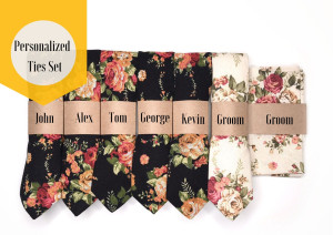 Black floral Ties + 1 white floral tie + 1 white pocket square | Personalized