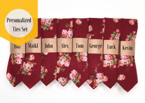Set Burgundy floral Skinny tie, Personalized , Groomsmen gifts , Floral tie , Burgundy , Skinny tie , Wedding ties Men floral ties