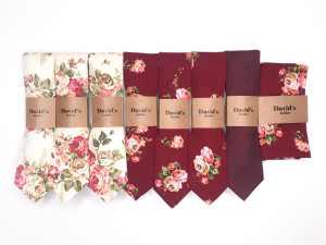 Set of 3 white floral tie + 3 burgundy floral tie + 1 burgundy solid tie + 1 burgundy floral pocket square