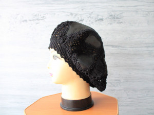 Lace beret Crochet french black beret Women's boho hat Black lace slouchy hat with leather pieces