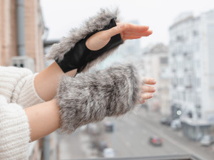 Gray wolf faux fur mittens, Fluffy gloves, Eco leather mittens