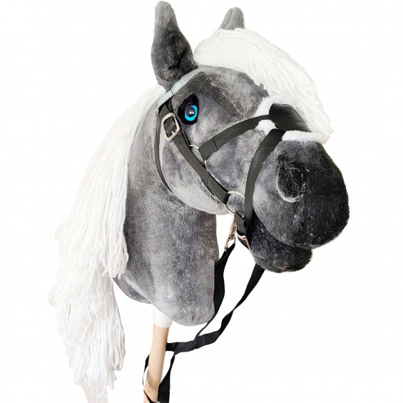 Gray realistic Hobby horse with mexican bridle on a stick for kids 