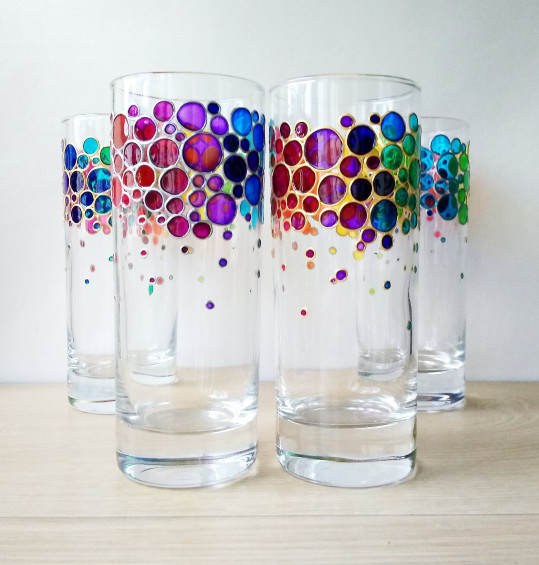 Rainbow Drinking Glasses Set Of 4 Hand Painted Colored Tumblers Water