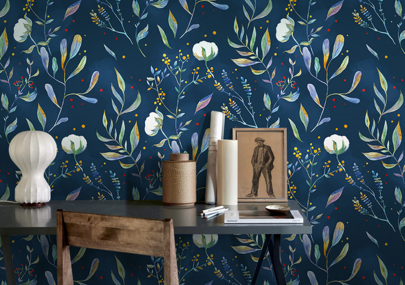 Dark Floral Wallpaper SAMPLE / Watercolor Dark Blue Herbal Wallpaper
