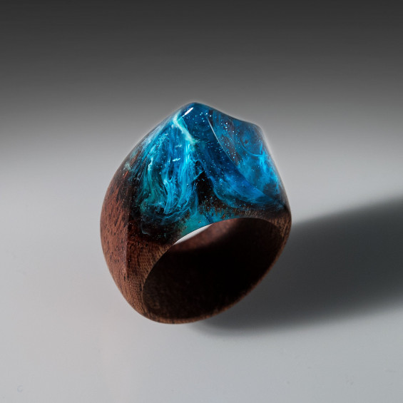 Wood Resin Ring Exotic Wood Ring With Magic Resin Top. Blue Resin Ring for  Woman With Secret World Inside. 